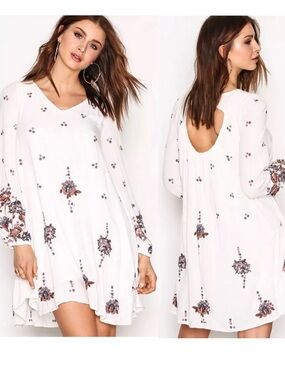 Free People White Floral-Print Mini Dress with Pink & Blue Accents